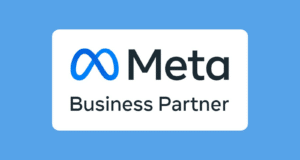 Blue background with white and blue Meta Business Partner Logo