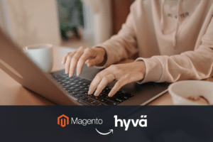 magento and hyva logo overlayed on an image of women working on laptop